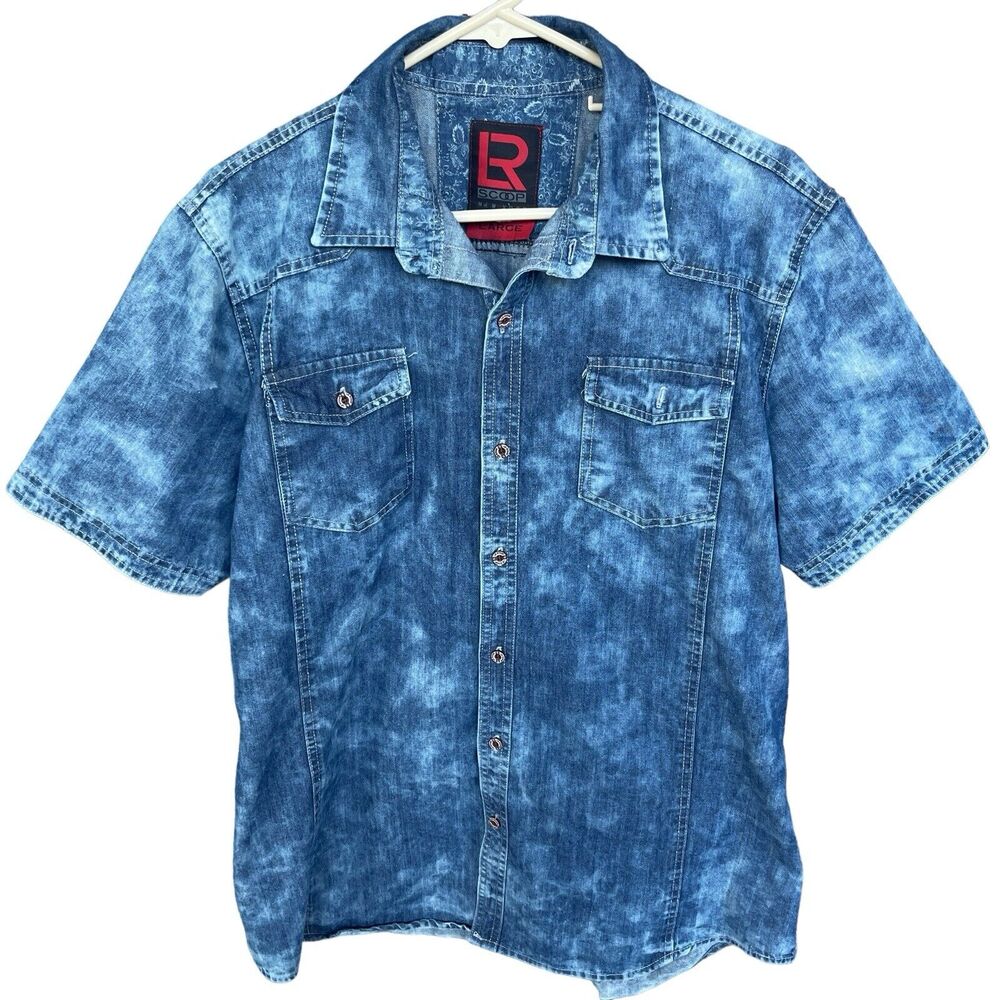 LR Scoop Jean Shirt Men Large Blue Button Up Stone Wash Western Y2K Short Sleeve